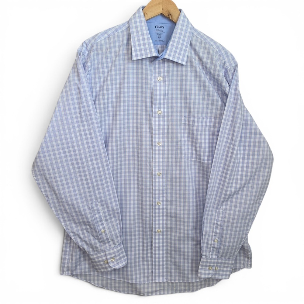 Chaps Shirt Mens 16-16.5 34/35 Large Blue Coolmax Button Plaid Regular Fit